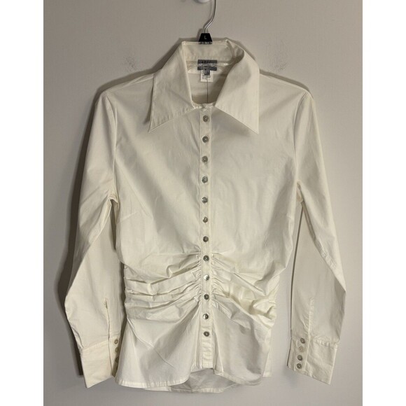 PHILIPPE ADEC Red Line White Button Shirt Women 8 Ruched Collared Classic NEW - Picture 1 of 13